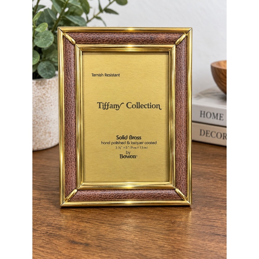 Vintage Bowon Tiffany Collection Solid Brass & Faux Leather Picture Frame 3.5x5